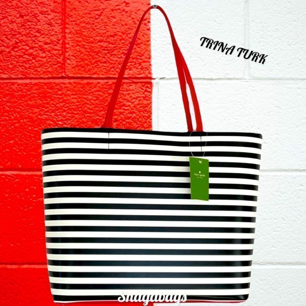 KATE SPADE NWT CHILI PEPPER LEN TOTE SHOULDER BAG EXTRA SPICY RED BLACK STRIPED - Picture 3 of 11